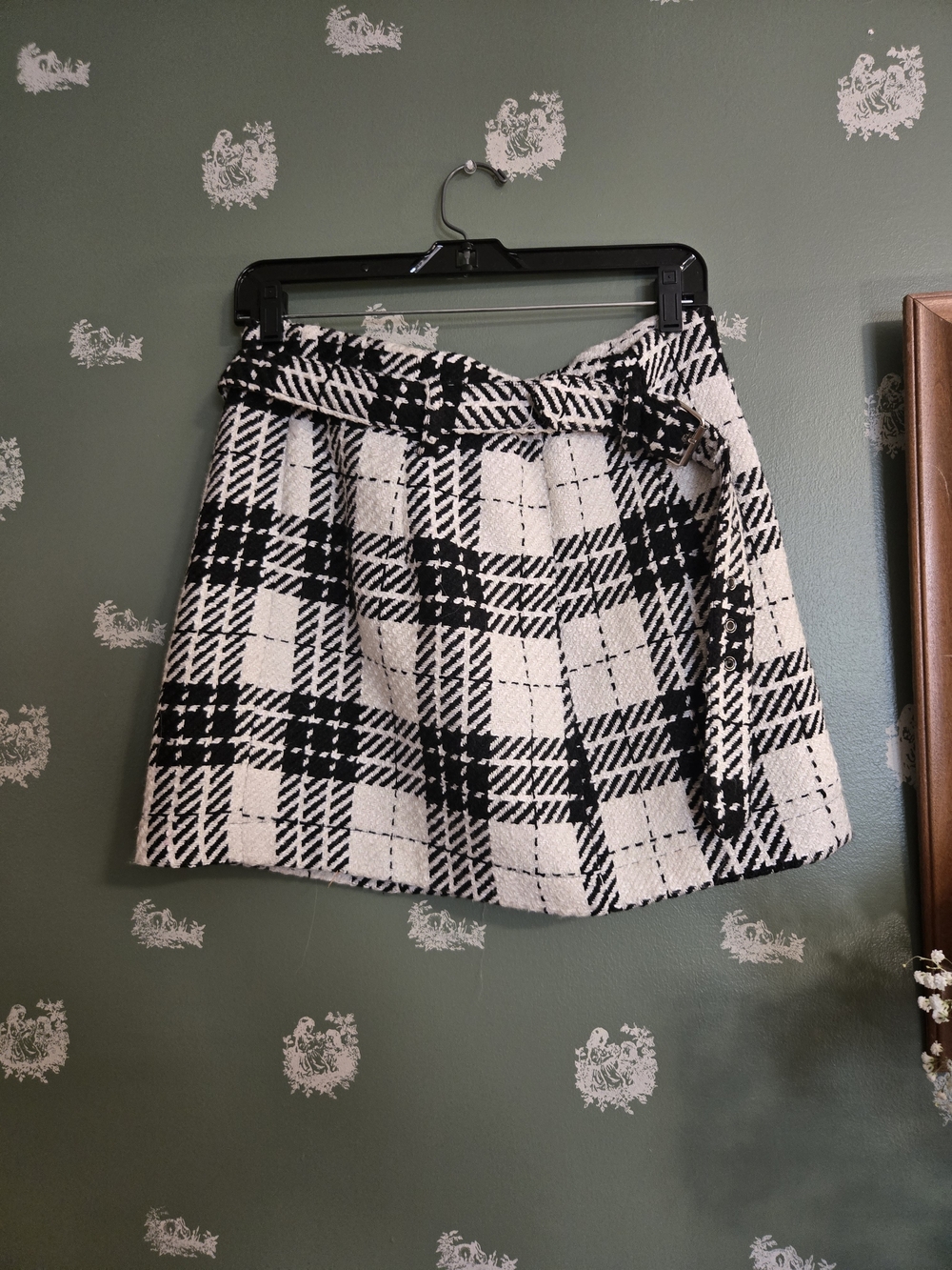 Zara Black and White Plaid Belted Mini Skirt